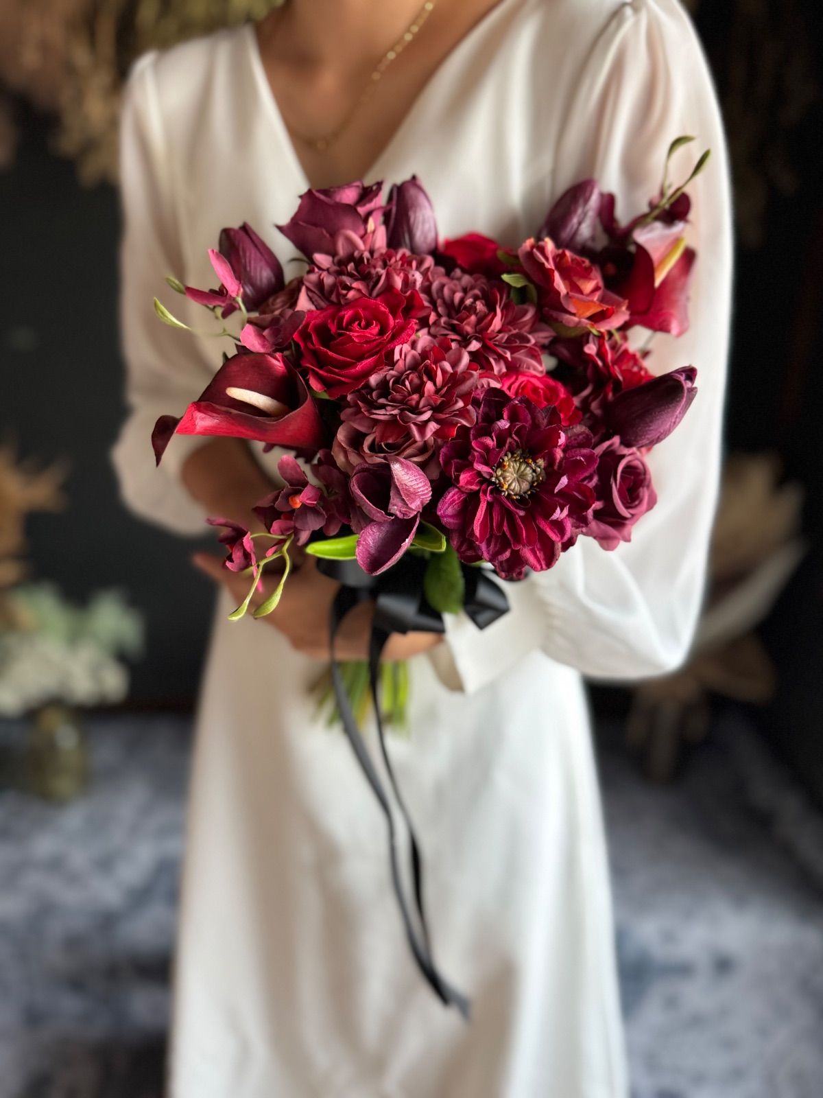 ダリア×チューリップクラッチブーケ☆ブートニア アーティフィシャル