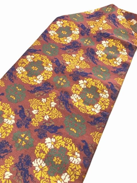 中古】名古屋帯 正絹 橙色地に華紋文様 お太鼓柄 八寸 中古】 名古屋