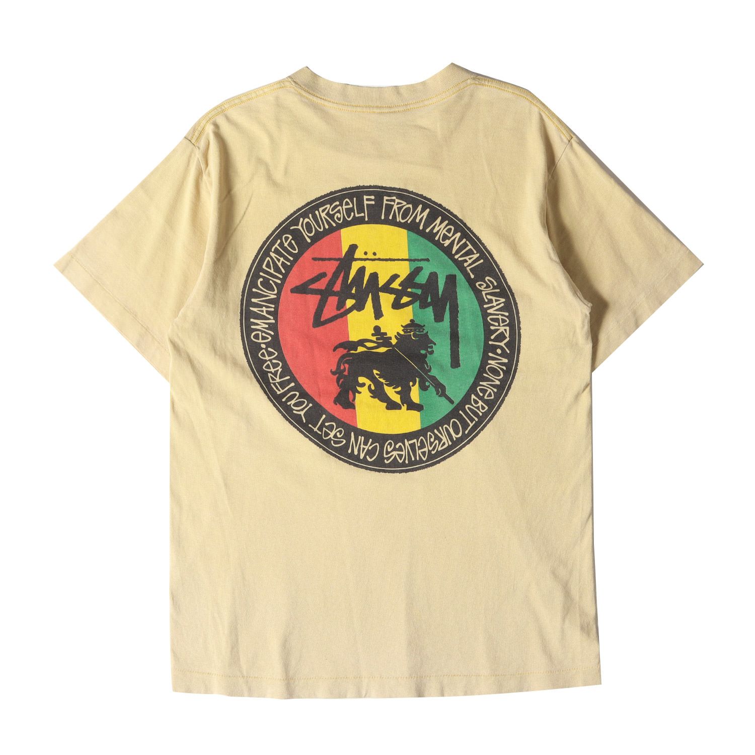 STUSSY ステューシー Tシャツ サイズ:M 80s OLD STUSSY 黒タグ FeeLIN IRIe ラスタライオン クルーネック 半袖Tシャツ USA製 ベージュ 80年代 ヴィンテージ 古着 トップス カットソー【メンズ】