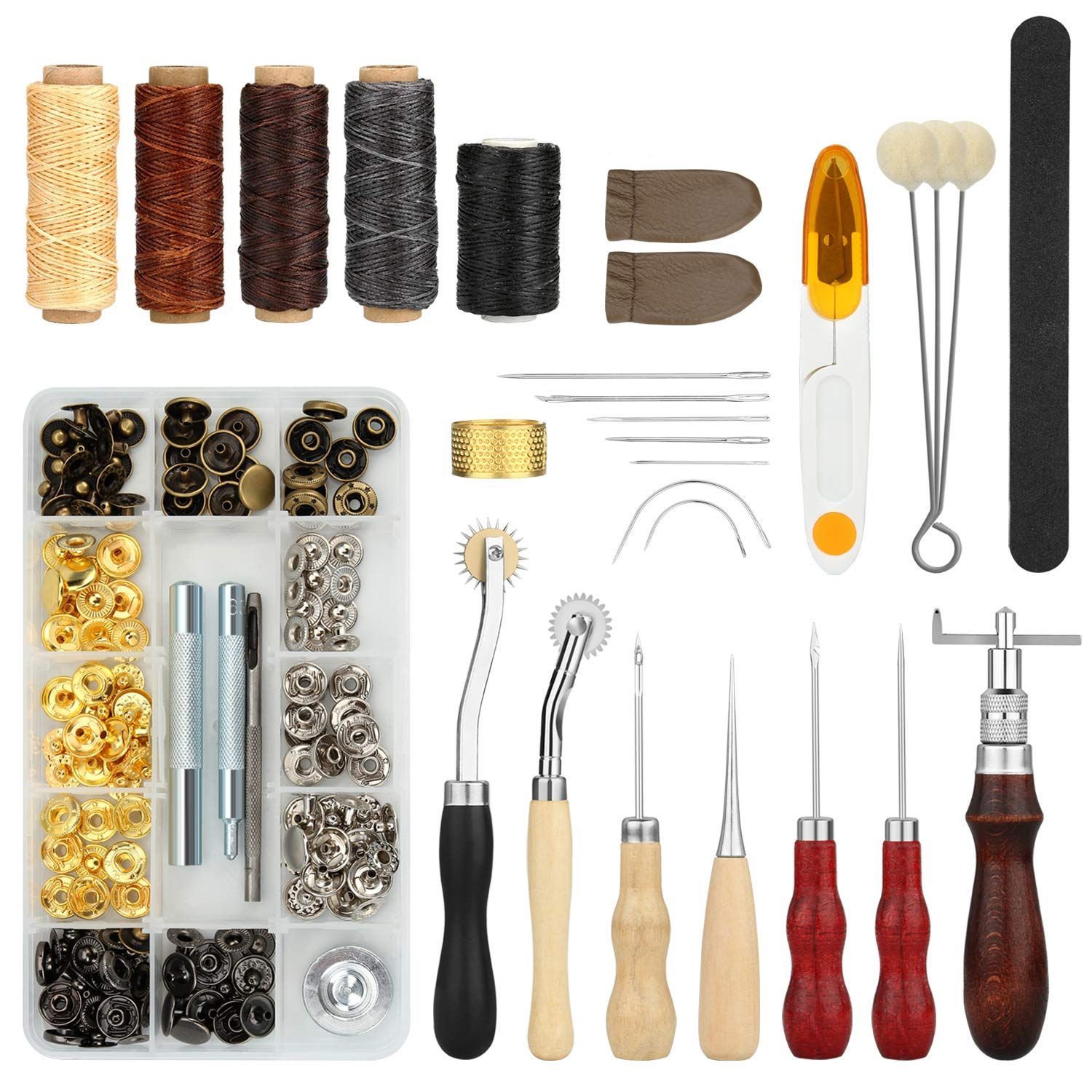 【数量限定】ツール ステッチング カービング 縫製キット 革細工・DIY・手作り 革工具セット 手縫い 日本語電子版説明書付き 型紙50種贈(メールで） ホックセット レザーツール 道具セット 