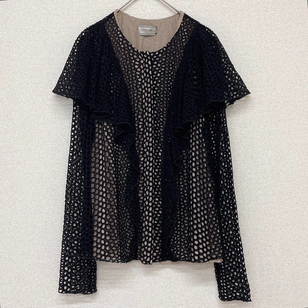 LANVIN ランバン レース フリル ブラウス トップス コットン シルク フランス製 カーディガン 黒