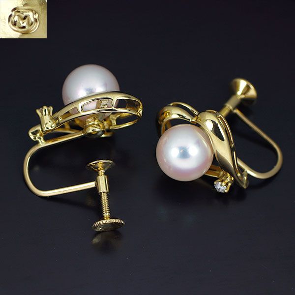 ミキモト K18YG アコヤ真珠 ダイヤモンド イヤリング 径約7.3mm