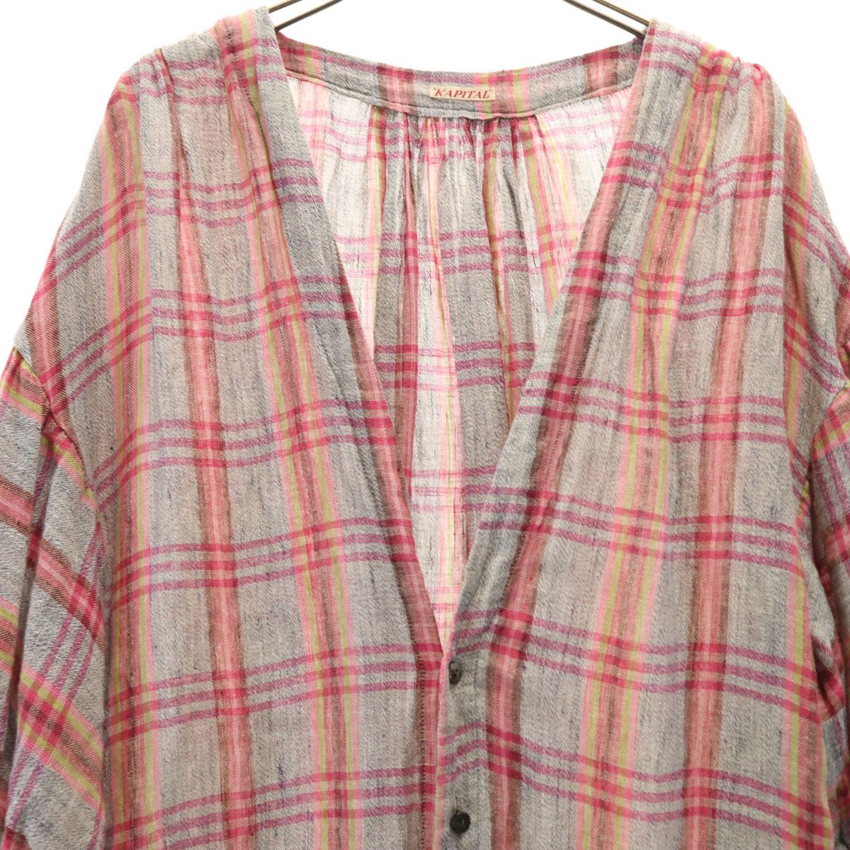 KAPITAL キャピタル 日本製 リネン チェック柄 半袖 ロングシャツ 1