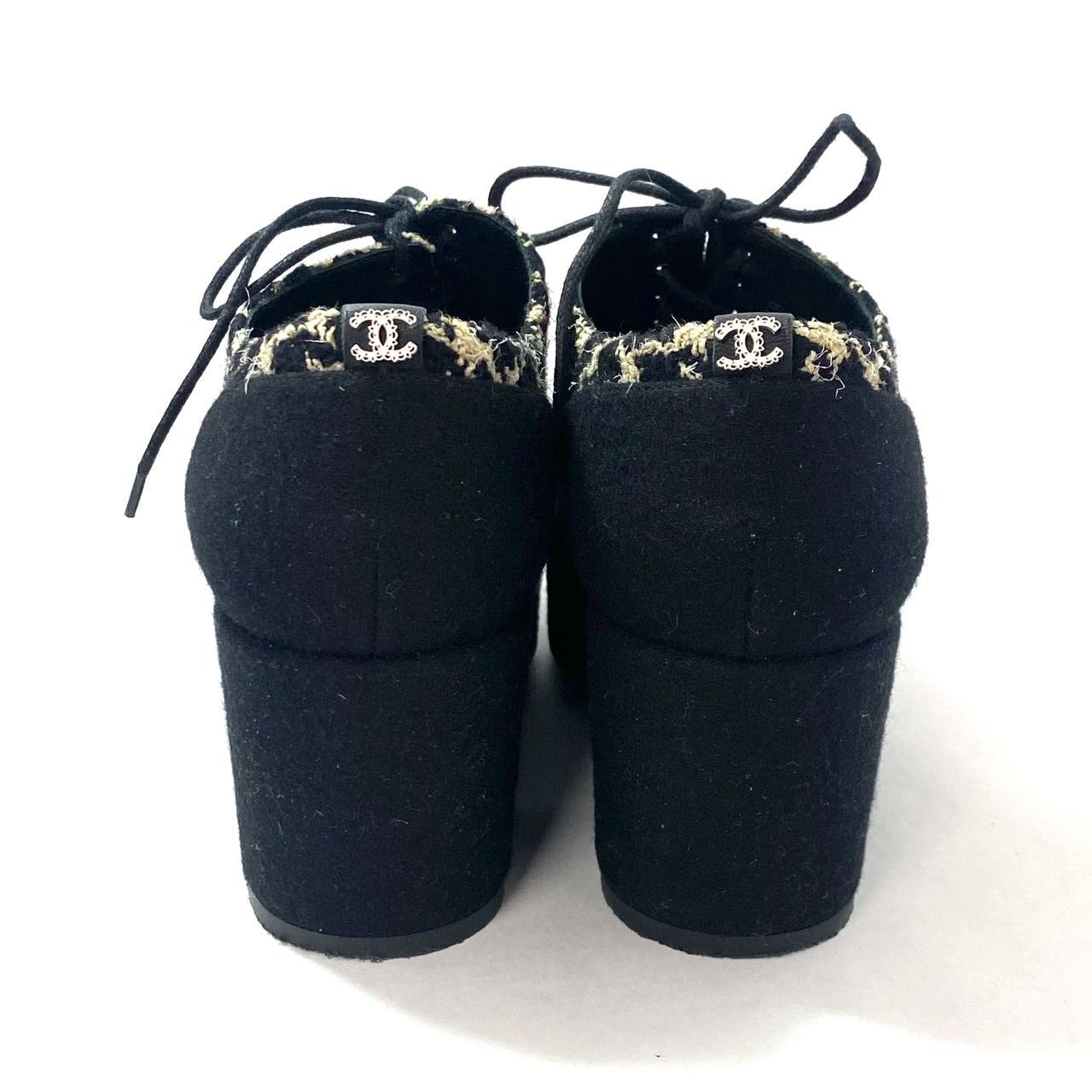 M【CHANEL】G31378 ウール ツイード ココマーク レースアップ ブーティ 