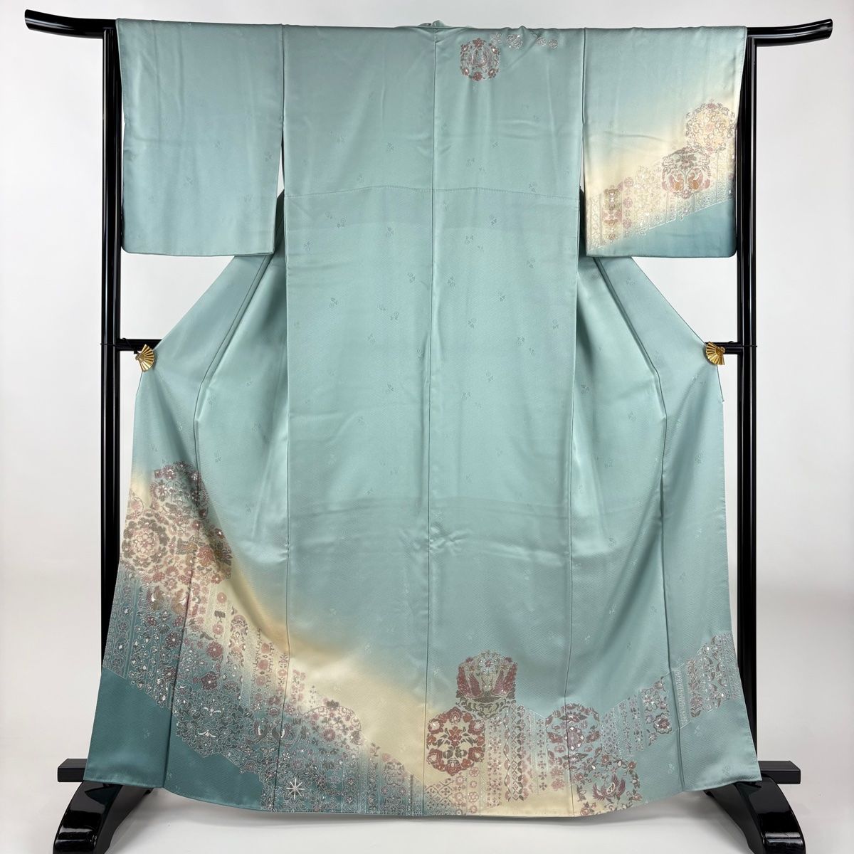 訪問着 身丈163cm 裄丈64cm M 袷 華文 向かい鳥 刺繍 ぼかし 薄緑 正絹 秀品