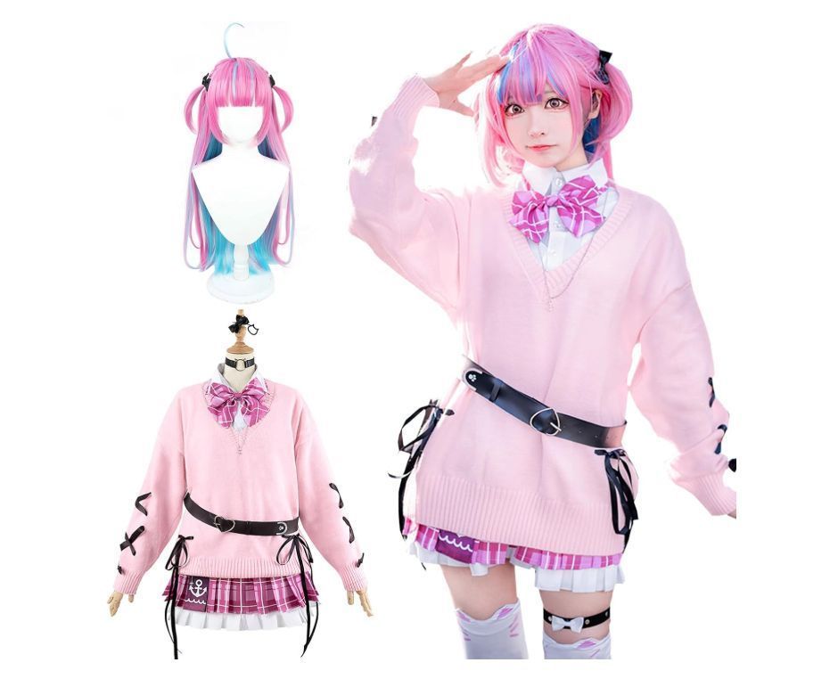 湊あくあ コスプレ ウィッグ付き カーディガン VTuber コスプレ衣装 フルセット コスチューム 大人用 仮装 文化祭