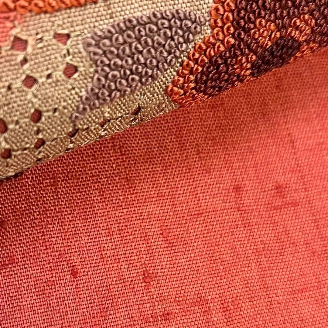 名古屋帯 相良刺繍 汕頭刺繍 抽象花草模様 紬 弁柄色 O-4120 名古屋帯 相良刺繍 汕頭刺繍 抽象花草模様 紬 弁柄色 O-4120