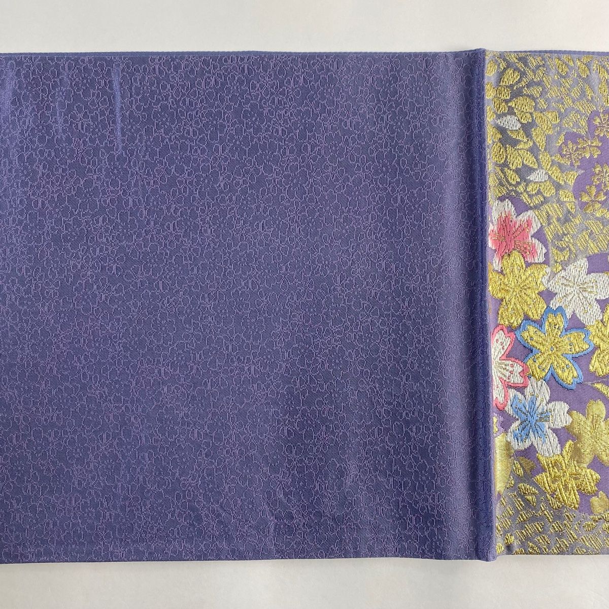 袋帯 美品 秀品 桜 花びら 金糸 唐織 青灰色 六通 正絹 【中古
