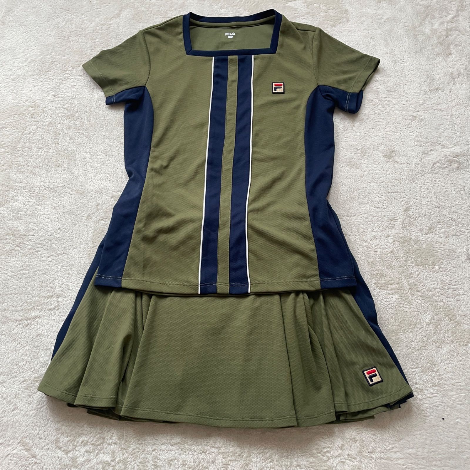 【美品】フィラ　レディース　ゲームシャツ　テニスウェア　セットアップ　M L  カーキ　ネイビー　スクエアネック　スカート