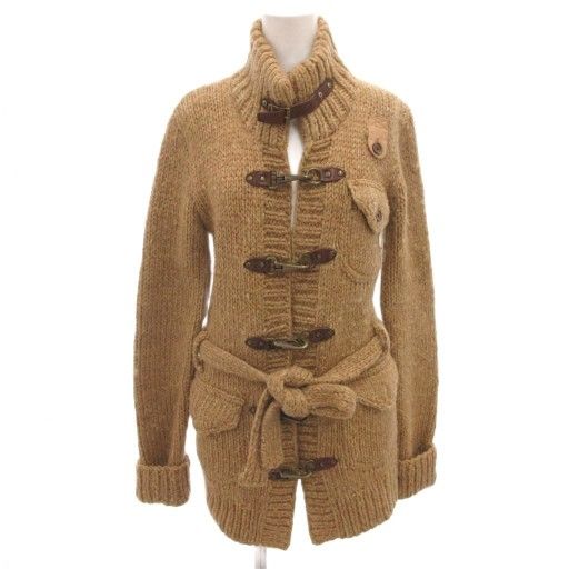 ラルフローレン RALPH LAUREN ニット ダッフルコート ウール M ベージュ エルボーパッチ トグルボタン ベルト付き ハイネック |FF GY14