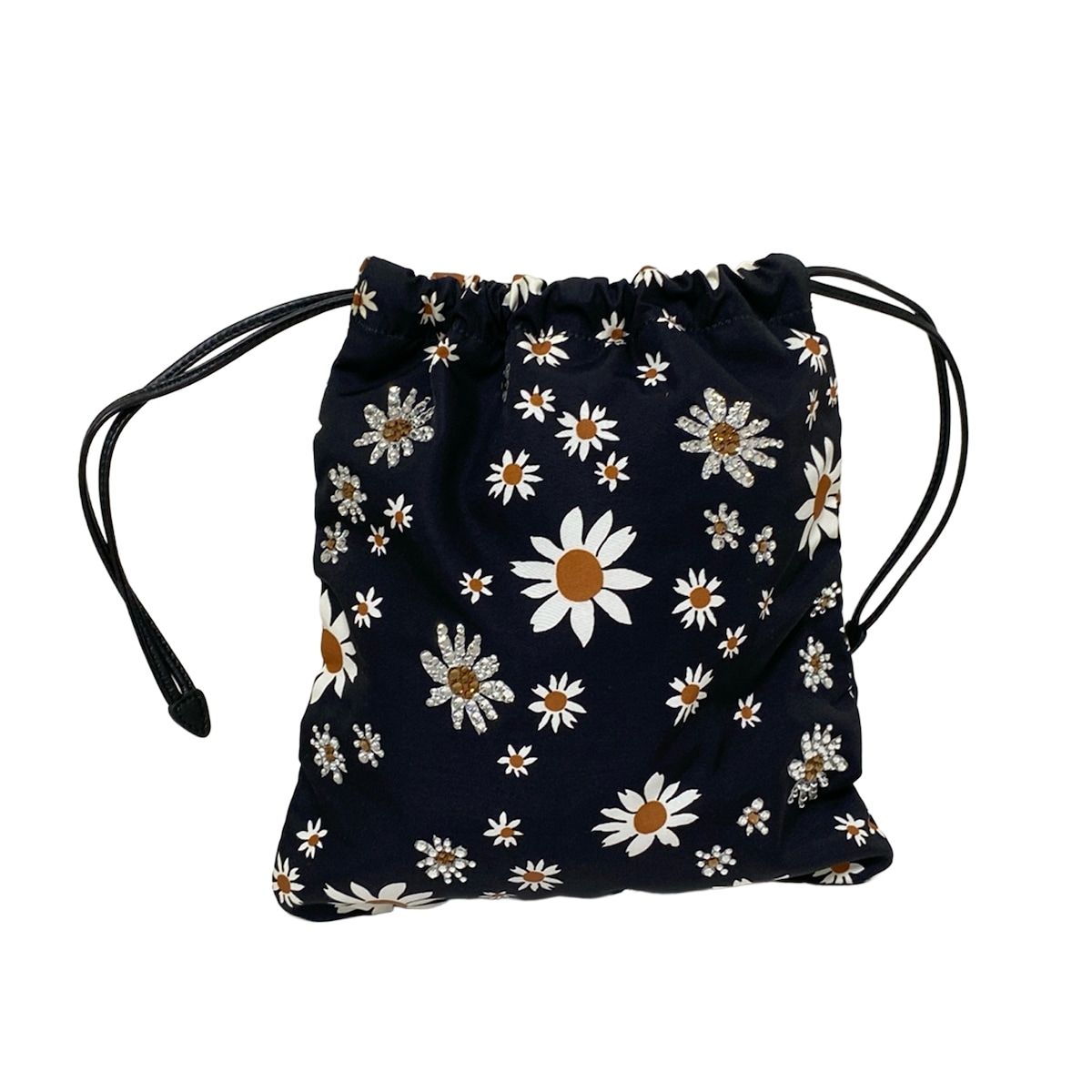 miumiu ミュウミュウ ポーチ - 黒×白×ブラウン 花柄 ラインストーン 巾着型 マチなし レザー