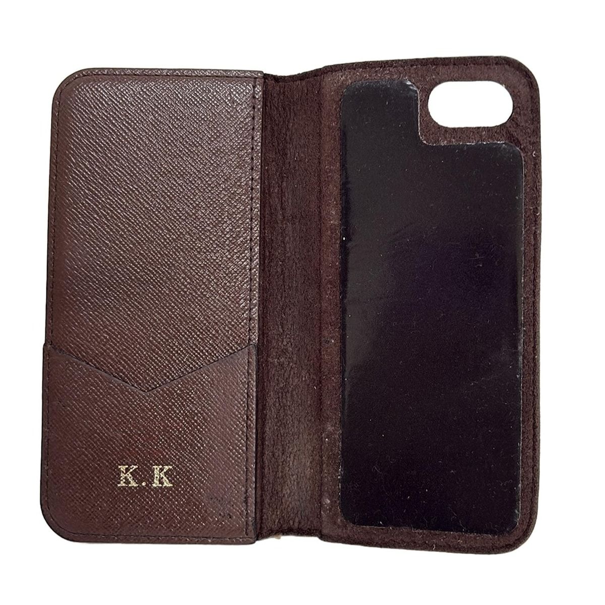 豊富にある LOUIS VUITTON ルイヴィトン 携帯電話ケース ダミエ IPHONE7-8フォリオ N61068 エベヌ イニシャル刻印 MAX94％OFF！