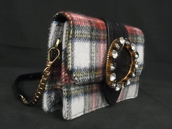 ■新品同様■ miumiu ミュウミュウ 5BL001 ウール チェック柄 2WAY クロスボディ ショルダーバッグ ミニバッグ レッド系 AZ0645 □新品同様□ miumiu ミュウミュウ 5BL001 ウール チェック柄 2WAY