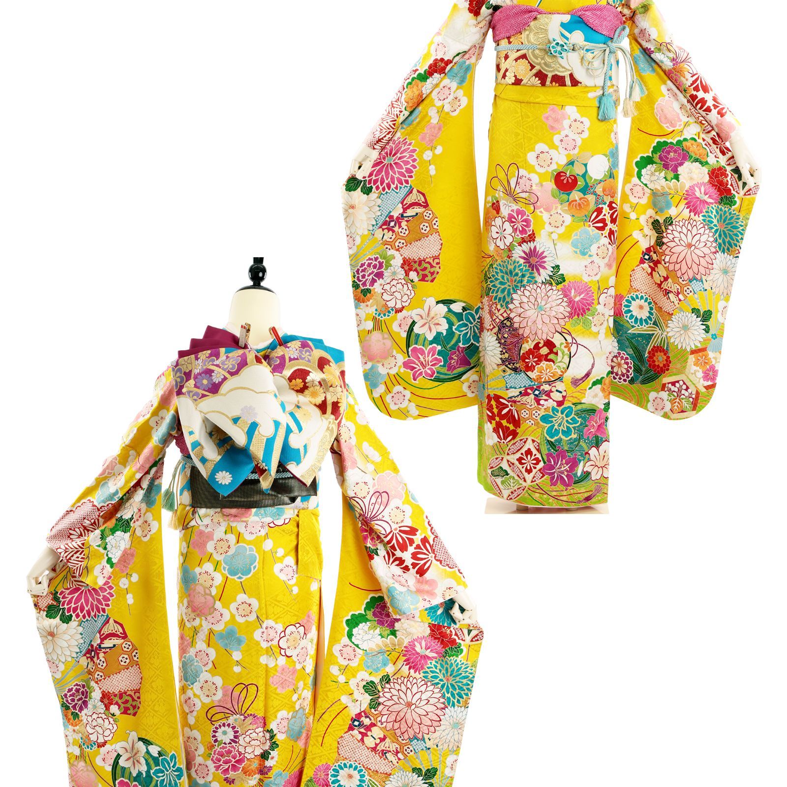 振袖 振袖セット USED振袖 黄色 新古典柄 鼓柄 菊 7点フルセット  