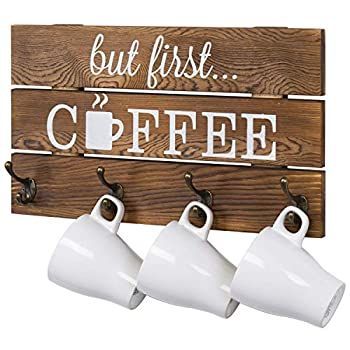MyGift 8フック 素朴なダークブラウン木製But First Coffee サインとマグホルダー