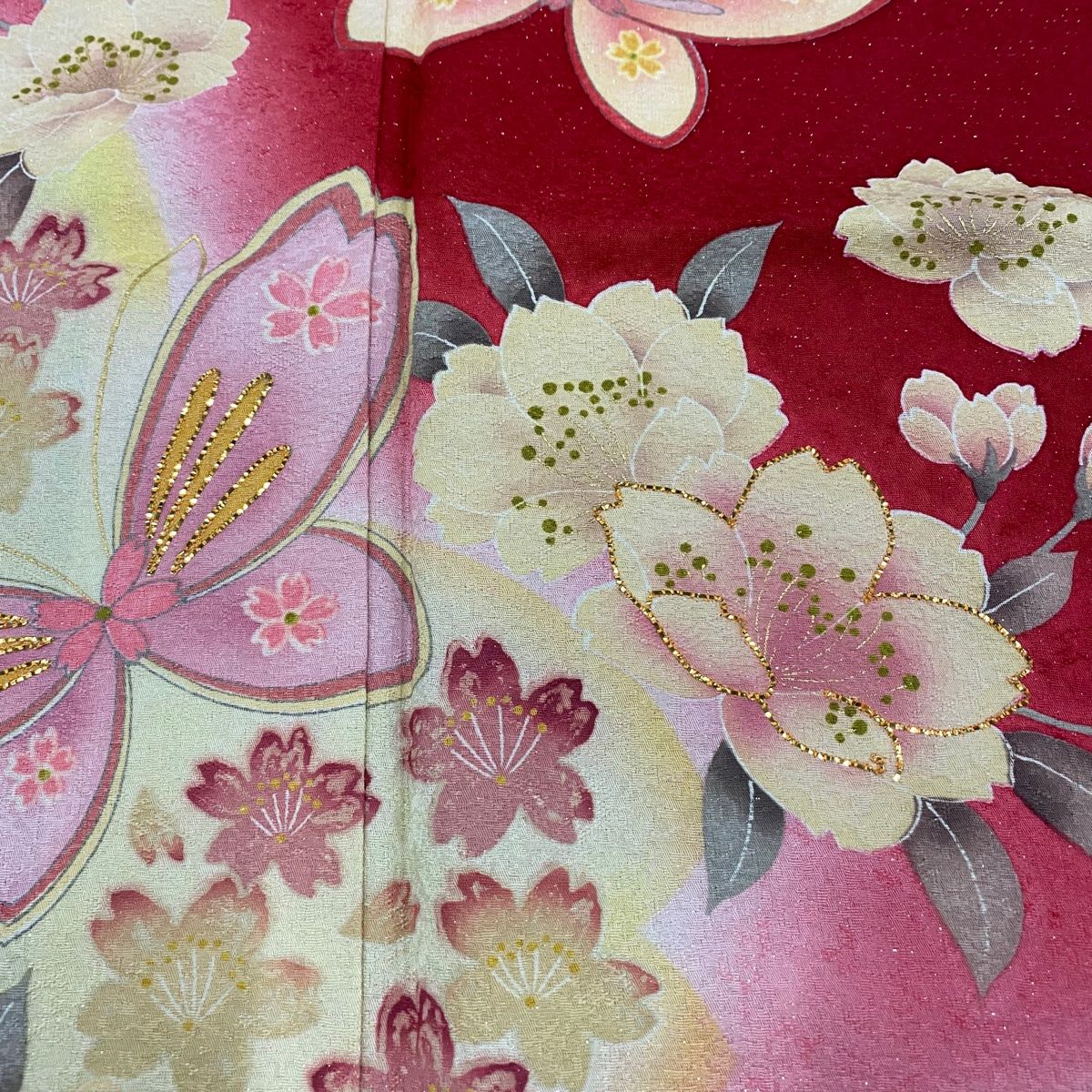 振袖 身丈166cm 裄丈68cm L 袷 蝶 桜 銀通し 金彩 赤 正絹 名品