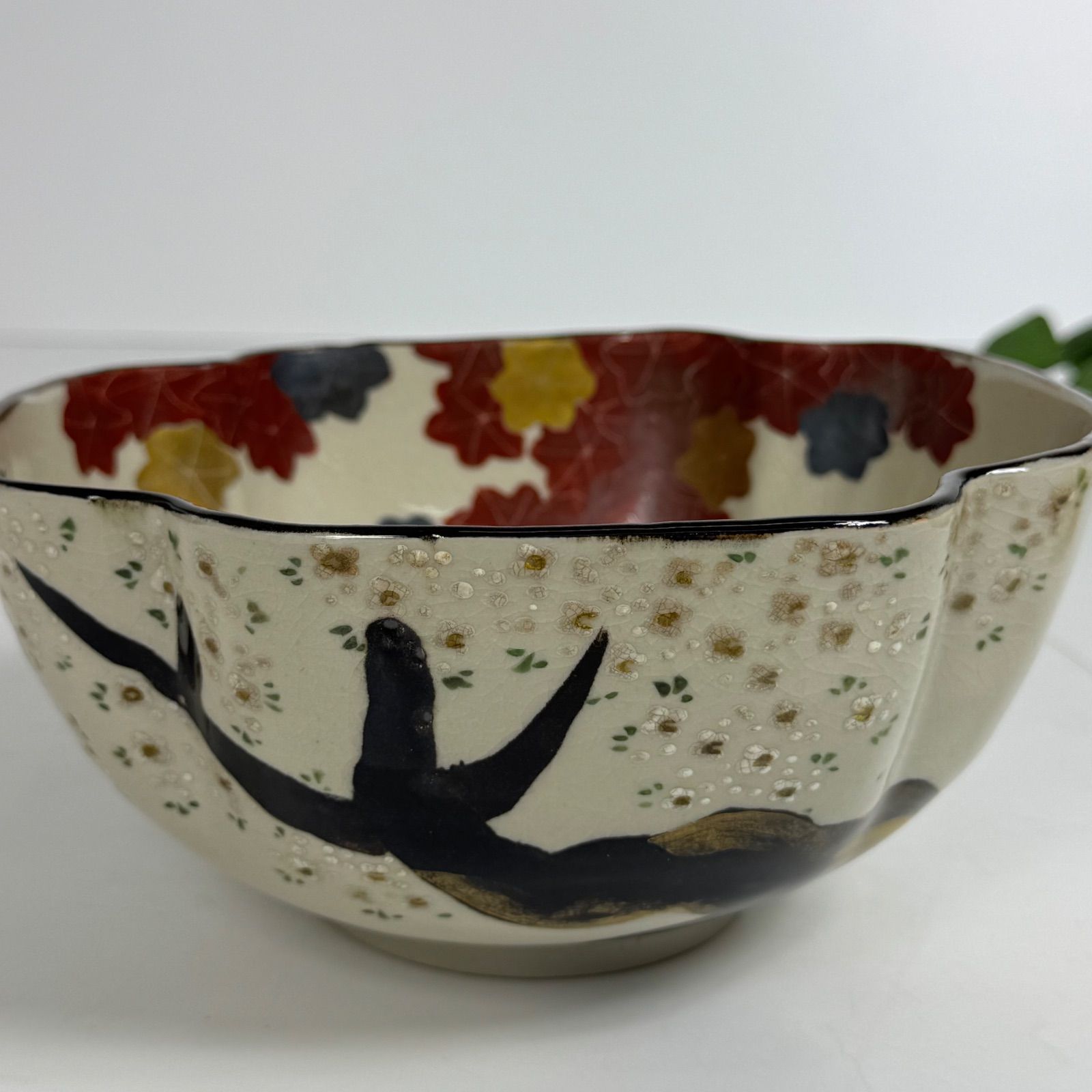 雲錦菓鉢 和食器 菓子鉢 茶道具 花壺造 中薇作 色絵紅葉桜図 共