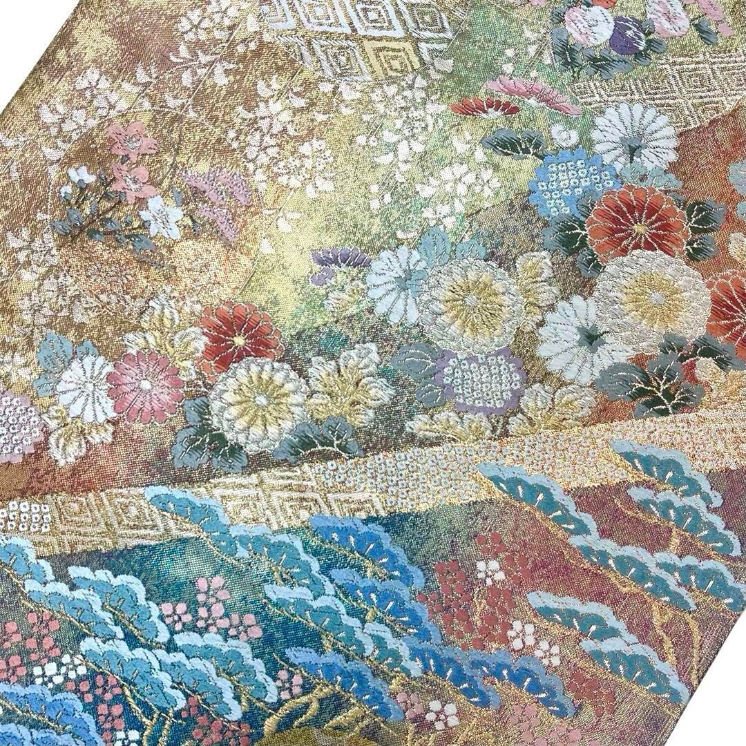 袋帯 慶長松皮小袖紋 丸に花柄 松に菊 鹿子模様 金糸 フォーマル O-4198 袋帯 慶長松皮小袖紋 丸に花柄 松に菊 鹿子模様 金糸 フォーマル