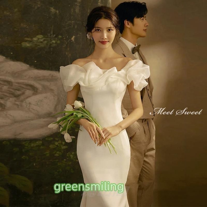 ウェディングドレス ウエディングドレス フリル 二次会 結婚式 前撮り ブライダル ロングドレス 花嫁 マーメイドドレス オフショルダー リWP特別価格104