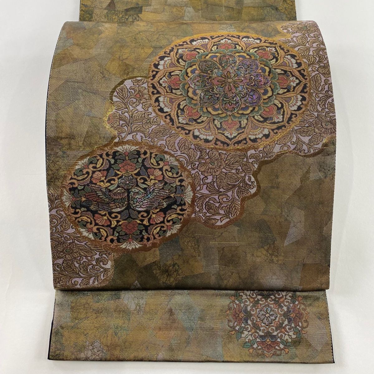 袋帯 秀品 正倉院名物裂華文 螺鈿箔 灰茶 お太鼓柄 正絹