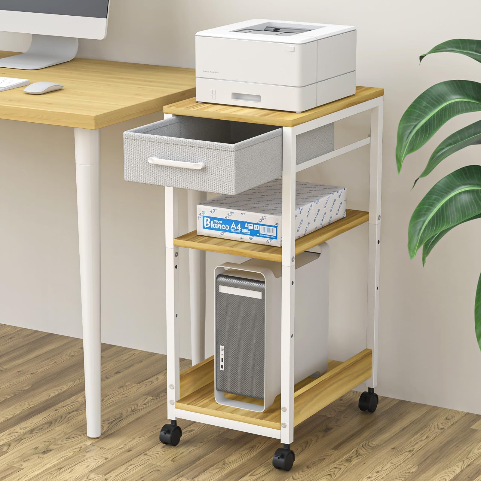 賢者の 新着商品 デスクトップPC置き台 収納棚 キャスター付き プリンター台 収納 パソコン 布製引き出し付き サイドテーブル 物置台 サイドデスク Housolution 組立簡単 ワゴン 木色 PCラック