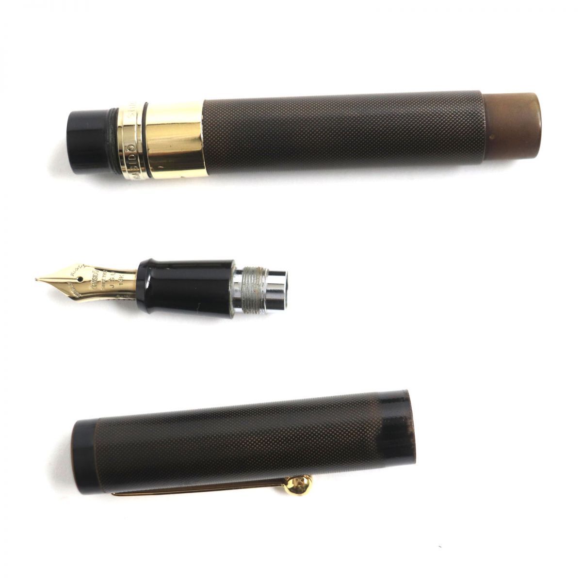 大橋堂 手造り万年筆 エボナイト 18Kリング 14K S-F（箱・革ケース付） 美品▽大橋堂 OHASIDO エボナイト リング18K ペン先14K 手作り 万年筆