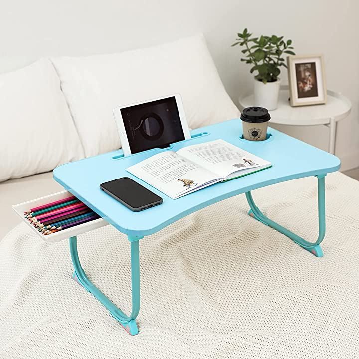 L STYLE 折りたたみテーブル ベッドテーブル 凹溝付き ラップトップテーブル 軽量 多機能 60x40x28cm( ブルー，  60x40x28cm)