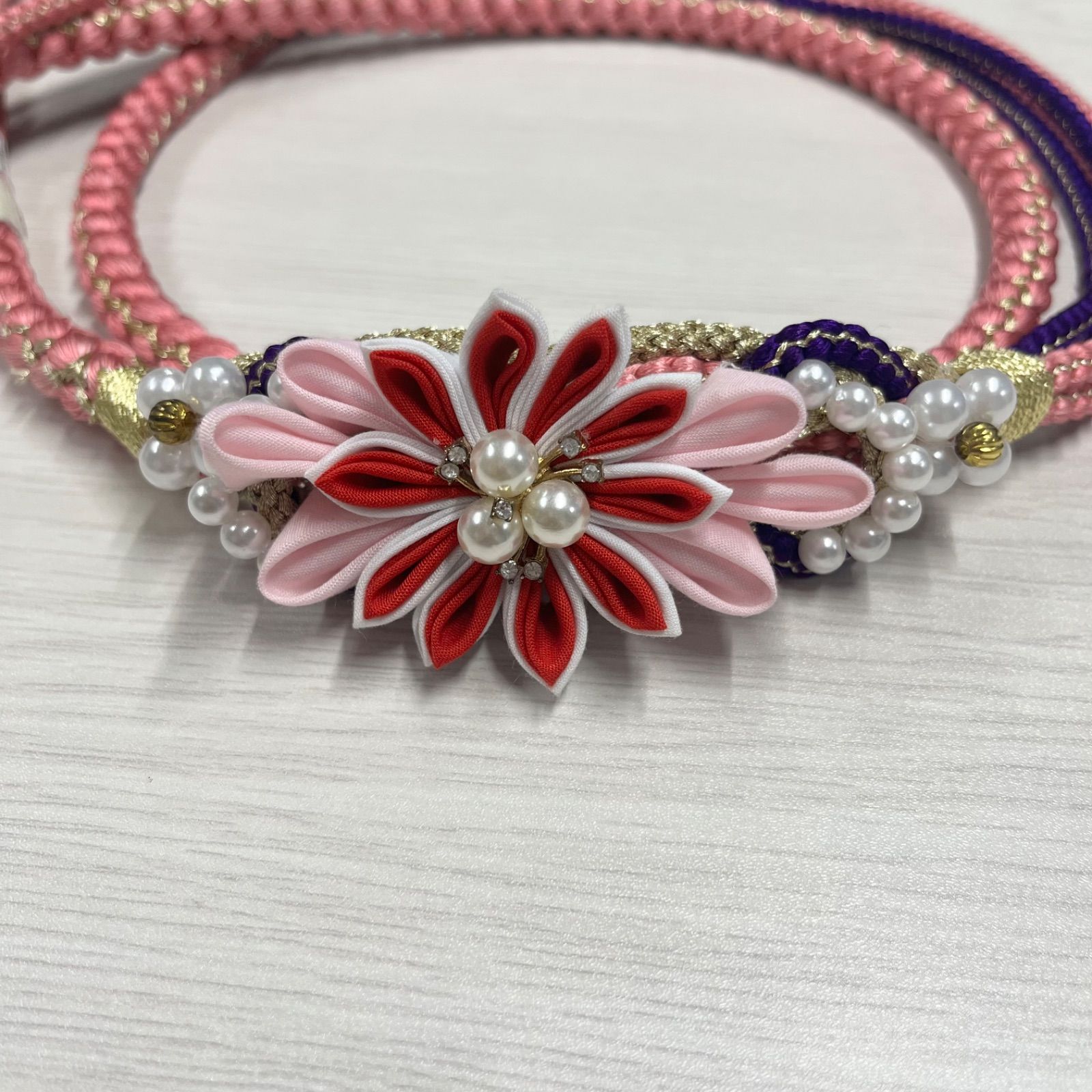 ♥品 帯締め フォーマル 組紐 くみひも 丸組 絹 振袖 成人式 卒業式 ピンク 紫 金 花飾り MP1