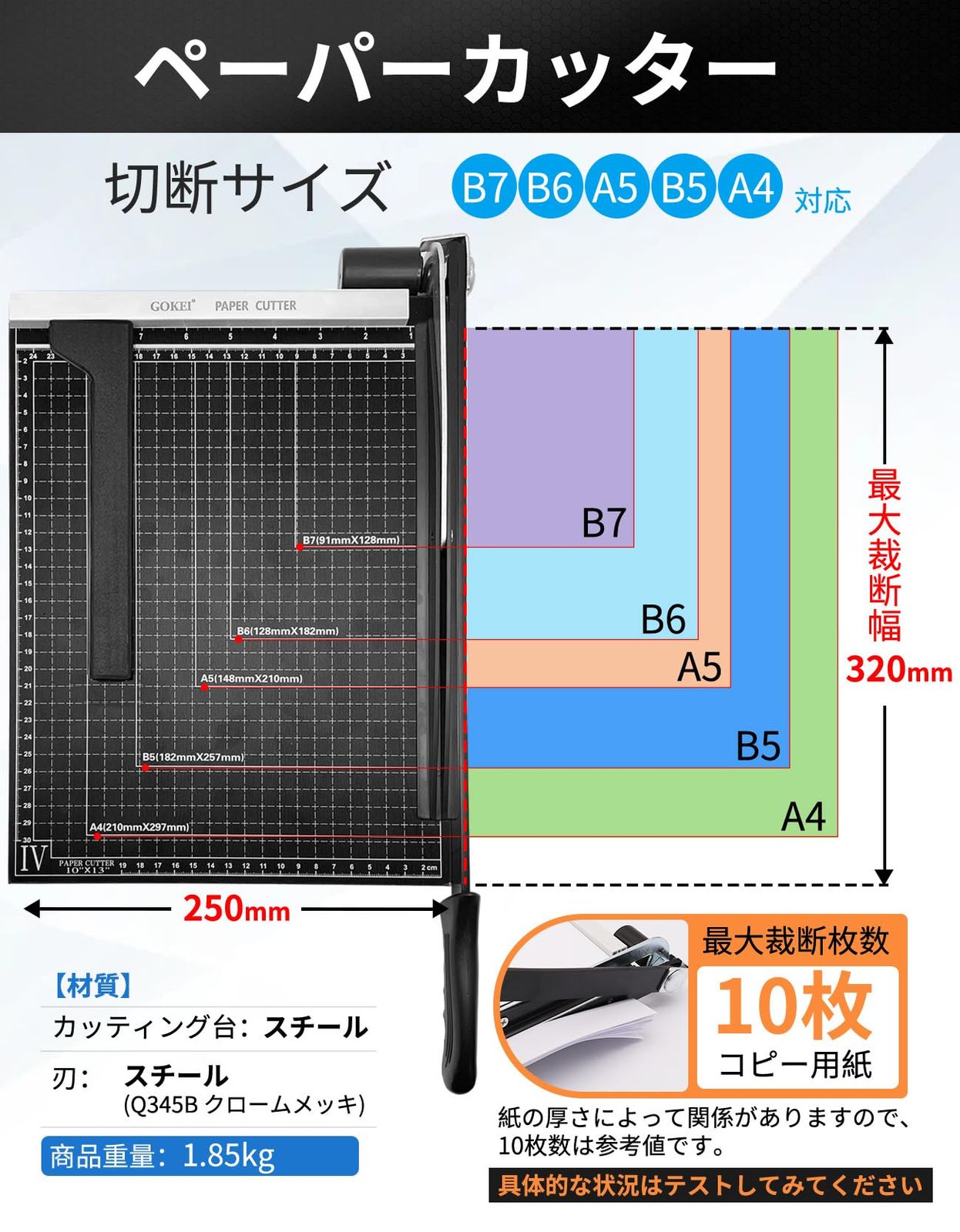 GOKEI 裁断機 ペーパーカッター A 4 紙 B 7 6 5 対応 ズレ防止 裁断 ミニ カッター ペーパー 金属ベース裁断機 カッティングマシン 断裁機 業務用 家庭用 仕事用 黒