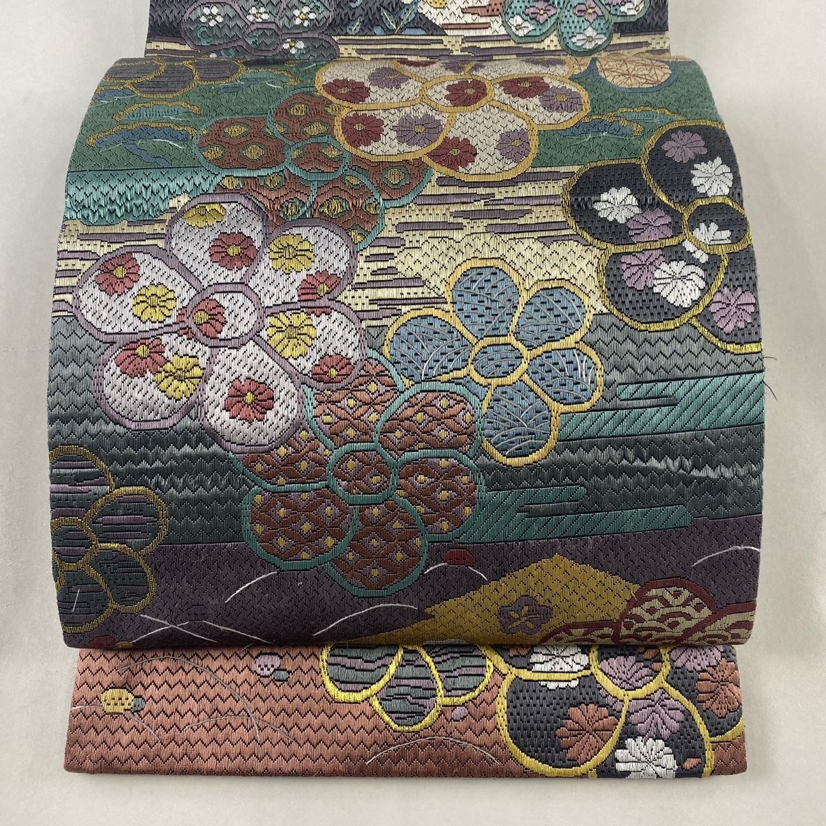 名古屋帯 刺繍 織り 華柄 緑 グリーン NO-222 袋帯 油っこ 逸品 華文 名古屋帯 刺繍 織り 華柄 緑 グリーン NO-222 袋帯 油っこ 逸品 華文