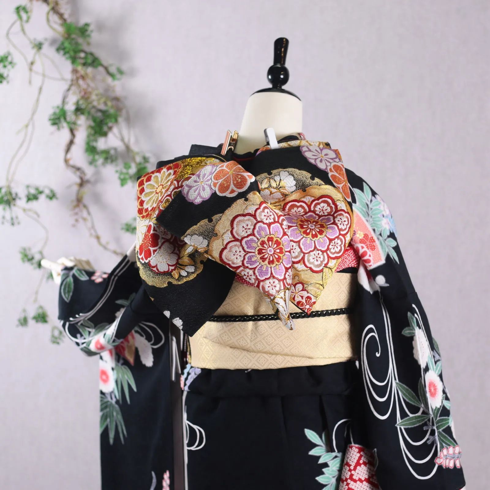 振袖フルセット 振袖セット 振袖 Lサイズ 黒×レトロモダン 美品 成人式
