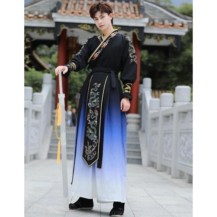 ♥ ハロウィン チャイナ服 メンズ 漢服 中華服 グラデーション 中華コスプレ衣装 長袖 上下2点セット 3点セット 龍刺しゅう 男性用 カン CS00925BJ