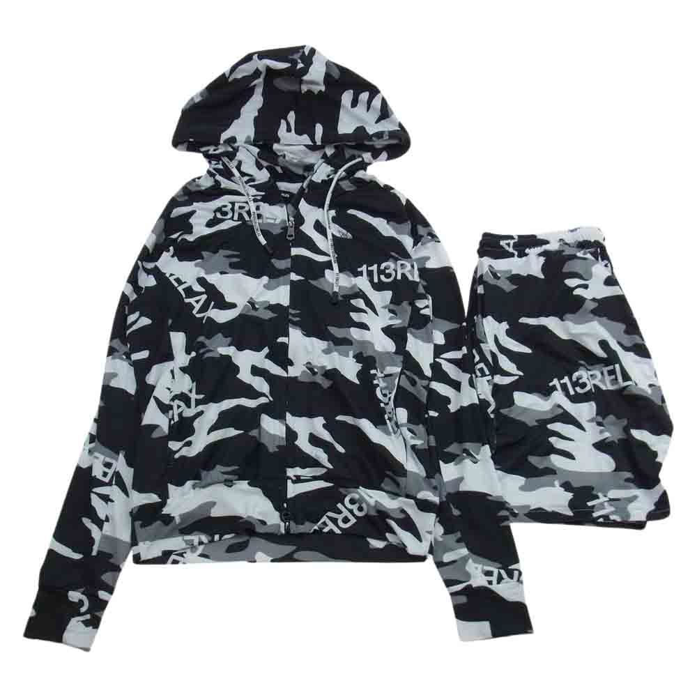 1piu1uguale3 ウノピュウノウグァーレトレ セットアップ USO-23031 CAMO LOGO HOODIE カモフラ ロゴ  ラッシュガードパーカー ハーフ パンツ セットアップ ブラック ブラック系 ホワイト系 JP:L・EU:M【中古】