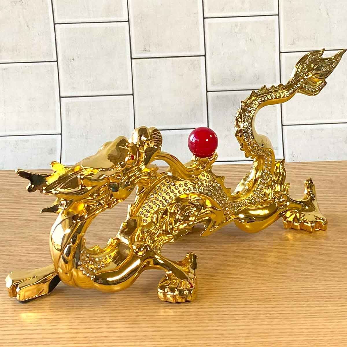 龍の置物/ドラゴン/玉持ち龍神&龍装飾 元宝(元寶）/瑠璃製 Sサイズ 玉持ち龍神 瑠璃製 レインボーカラーの龍置物 幅145mm