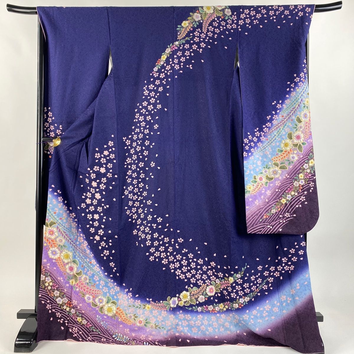 振袖 身丈170.5cm 裄丈68.5cm L 袷 辻が花柄 桜 銀通し 金彩 青紫 正絹