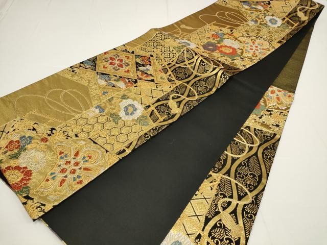 平和屋着物▽六通柄袋帯 唐織 鴛鴦花蝶文 黒地 金銀糸 正絹 逸品