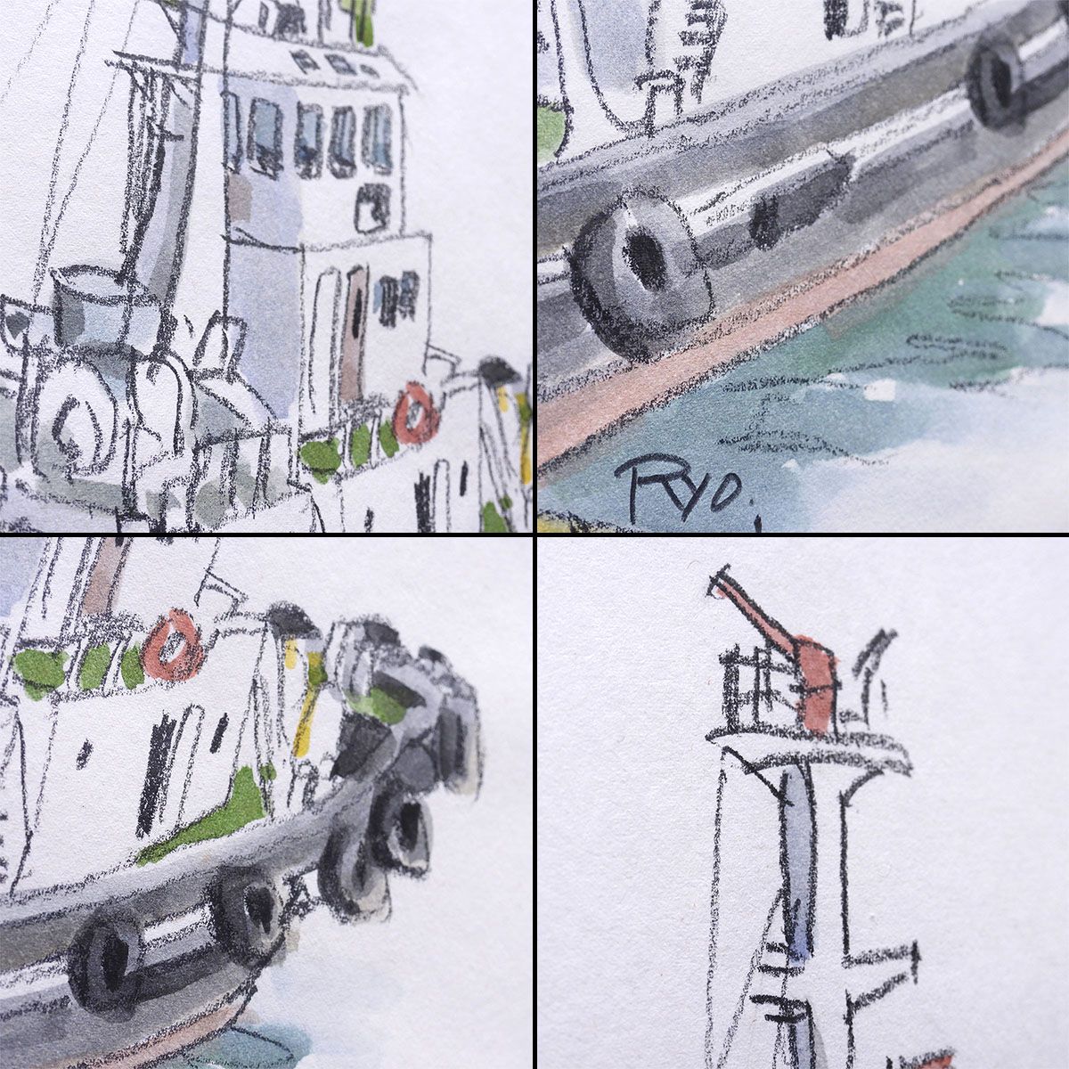 柳原良平 横浜港のタグボート 紙に水彩4号 公式鑑定書付 船 舟 海