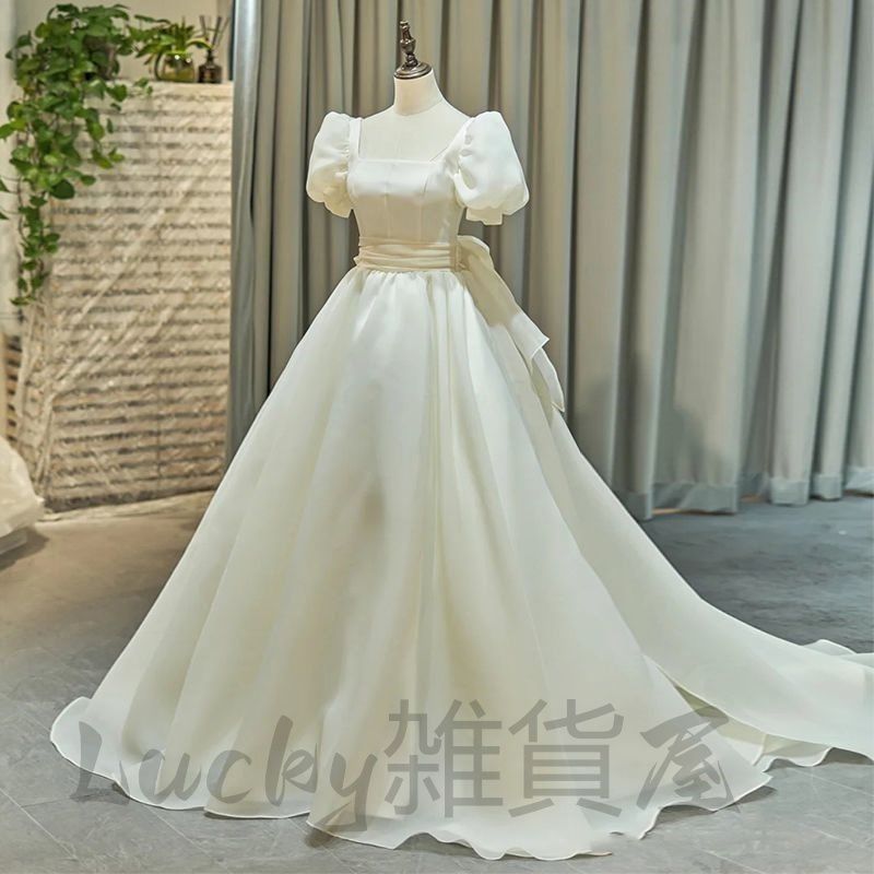 ♥ 2025 ウエディングドレス ブライダルドレス パフスリーブバックリボン 結婚式 前撮り 花嫁 プリンセスドレス プリンセスライン 半袖 ゴージャス