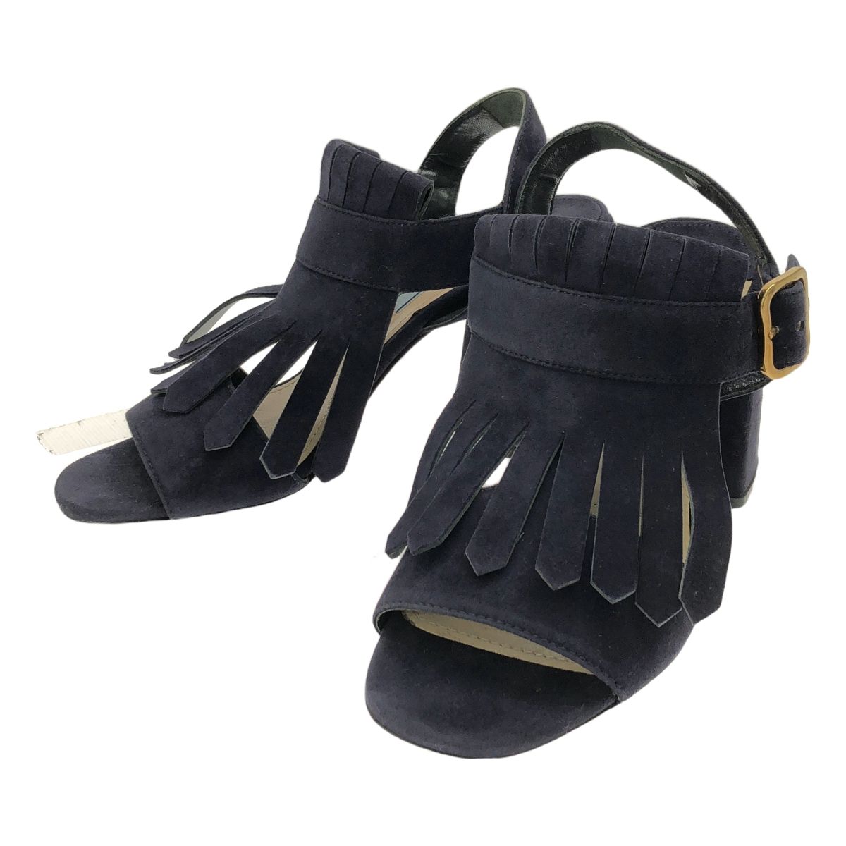 PRADA | プラダ | スエード レザー キルト フリンジ ストラップ チャンキーヒール サンダル | 37 | ネイビー | レディース