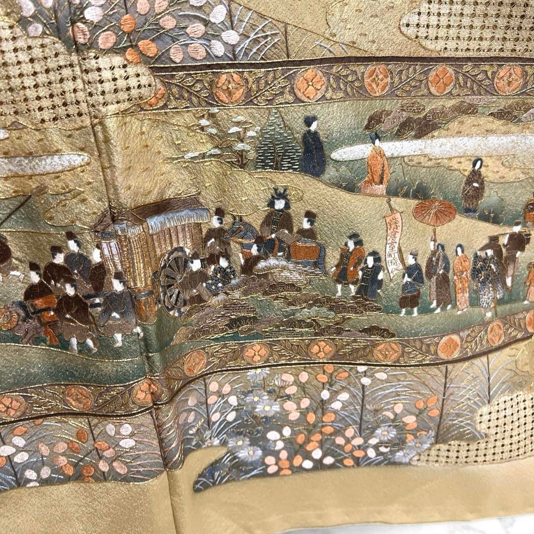 【新作入荷!!】 スワトウ刺繍 色留袖 金糸 045a 着物 花模様 風景模様 大名行列 着物・浴衣