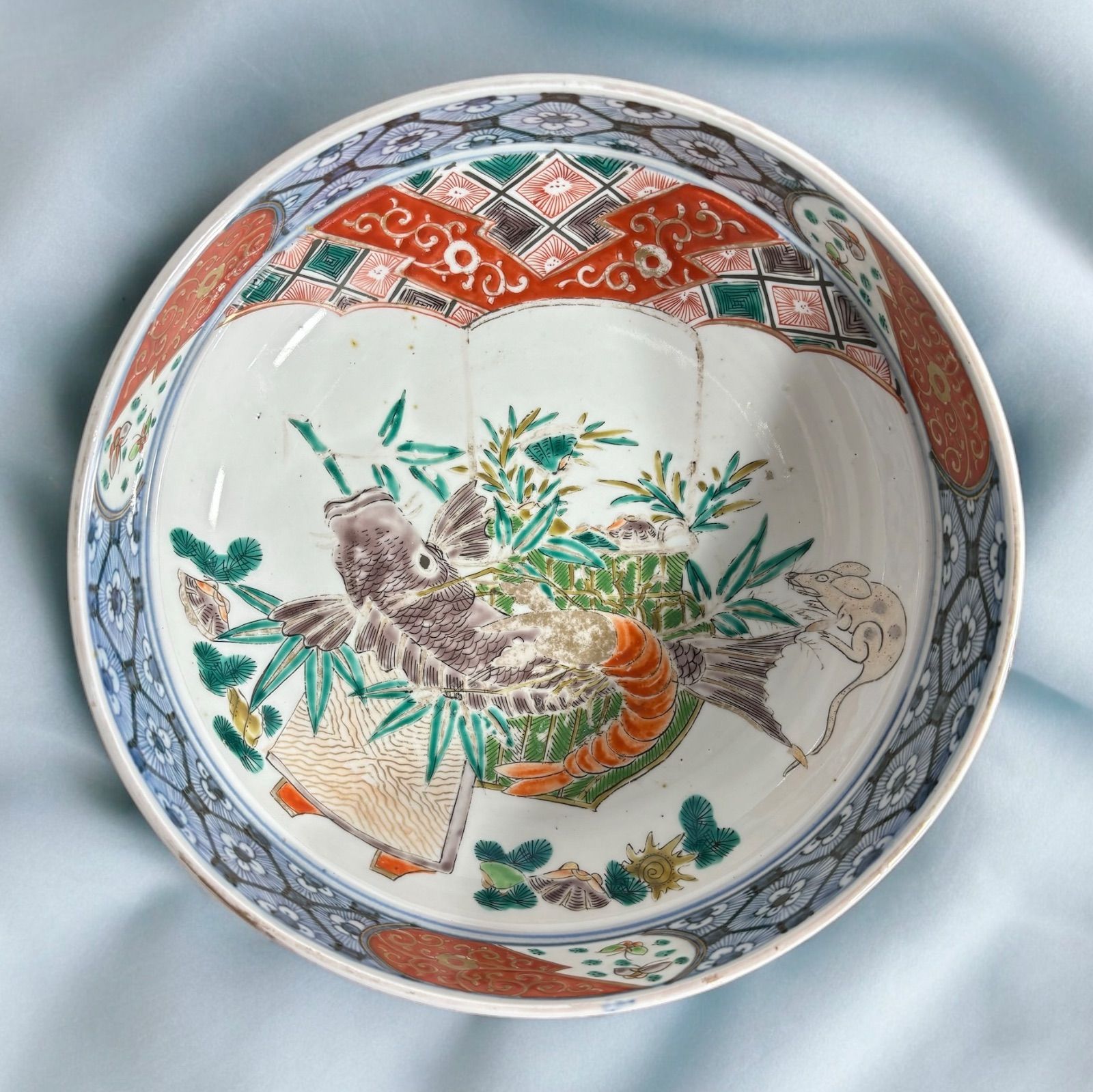 伊万里 大鉢 食器 古伊万里 大鉢 伊万里 大鉢 [鯉 海老 松竹紋絵] 色絵 丸皿
