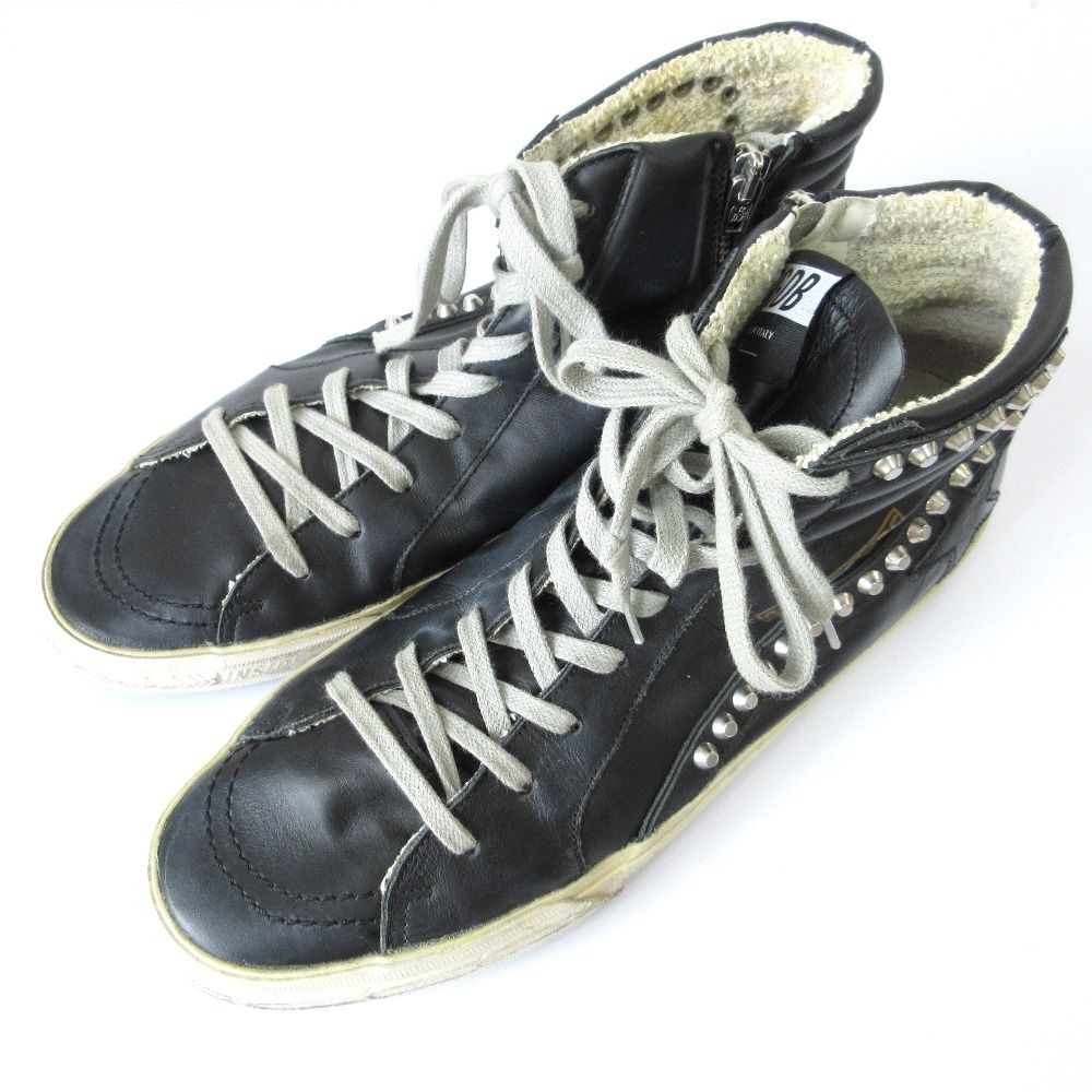 GOLDEN GOOSE ゴールデングース SLIDE ダメージ加工 スタッズ レザー ハイカットスニーカー 42 27cm相当 ブラック メンズ 古着
