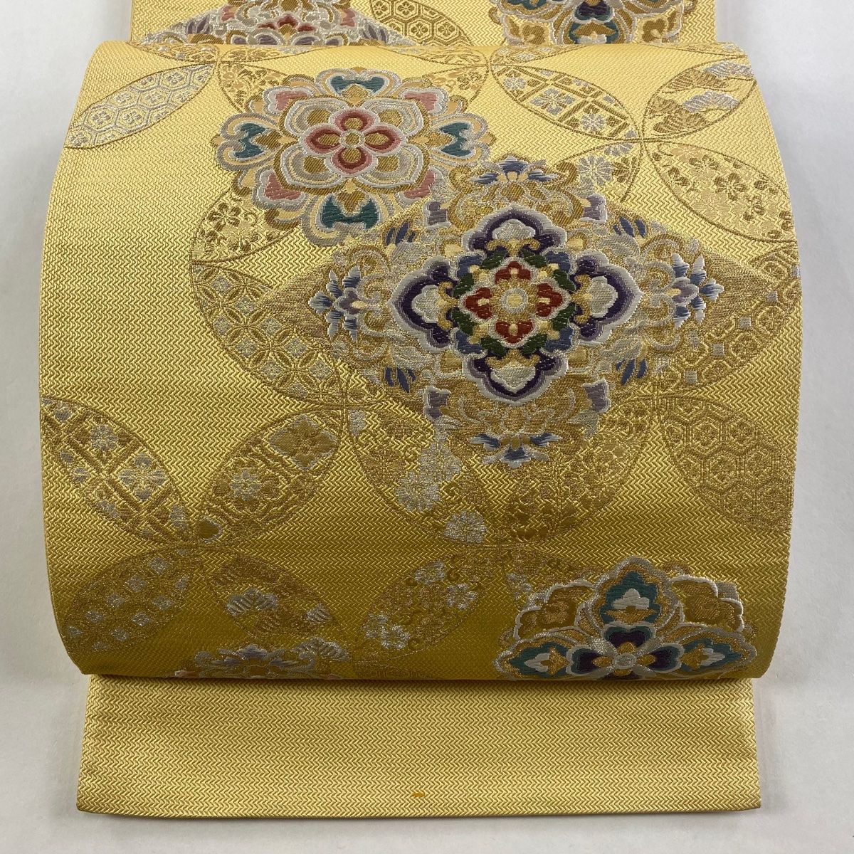 袋帯 秀品 証紙 華宝錦 華文 七宝 金銀糸 箔 薄黄 六通 正絹