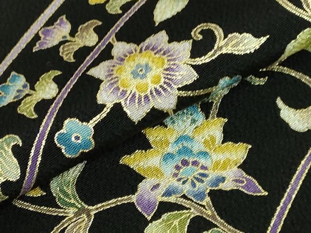 平和屋本店□極上 岡重謹製 OKAJIMA 九寸名古屋帯 更紗花文 黒地 金彩