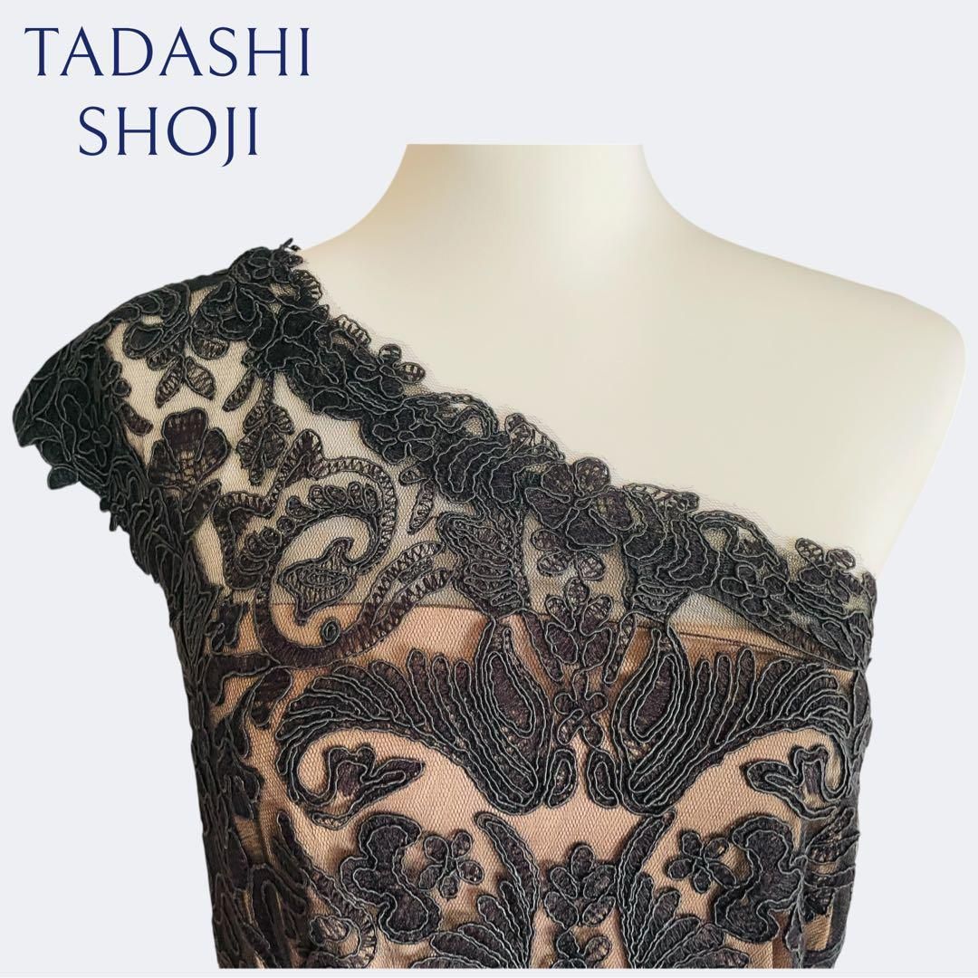 新品◇TADASHI SHOJI タダシショージ 上品ブラックお花刺繍の総レース 