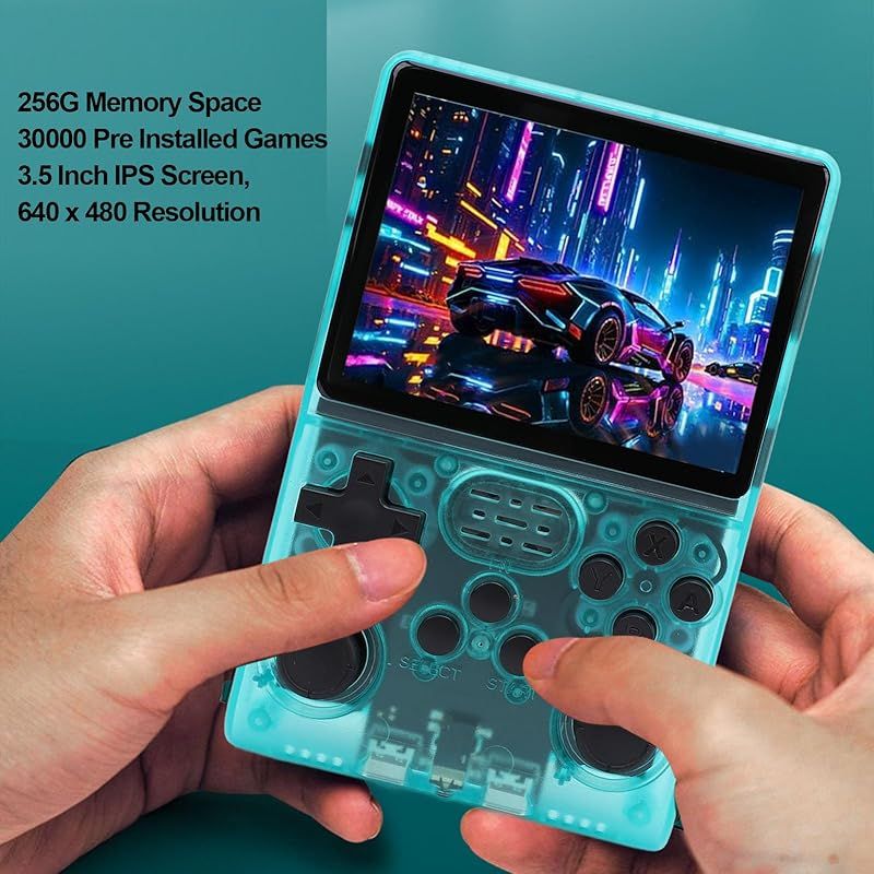 ハンドヘルドゲームコンソール 3.5インチIPS 640x480スクリーンレトロハンドヘルドゲームコンソール 256GBメモリ30000ゲーム内蔵45エミュレータ トランスペアレントグリーン 1
