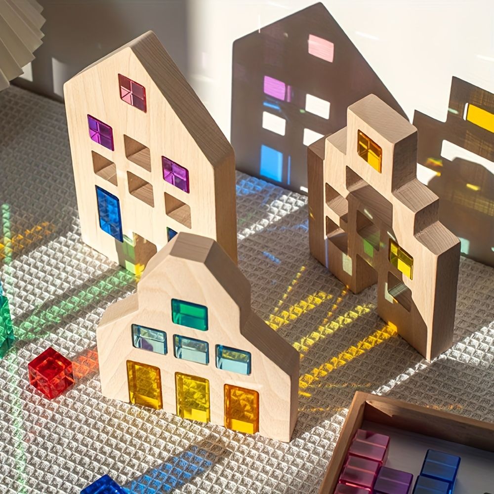三つの木製家屋と25枚のカラフルで高透明なアクリルブロック|キャッスル木製工芸品 光と影のビルディングブロックゲーム