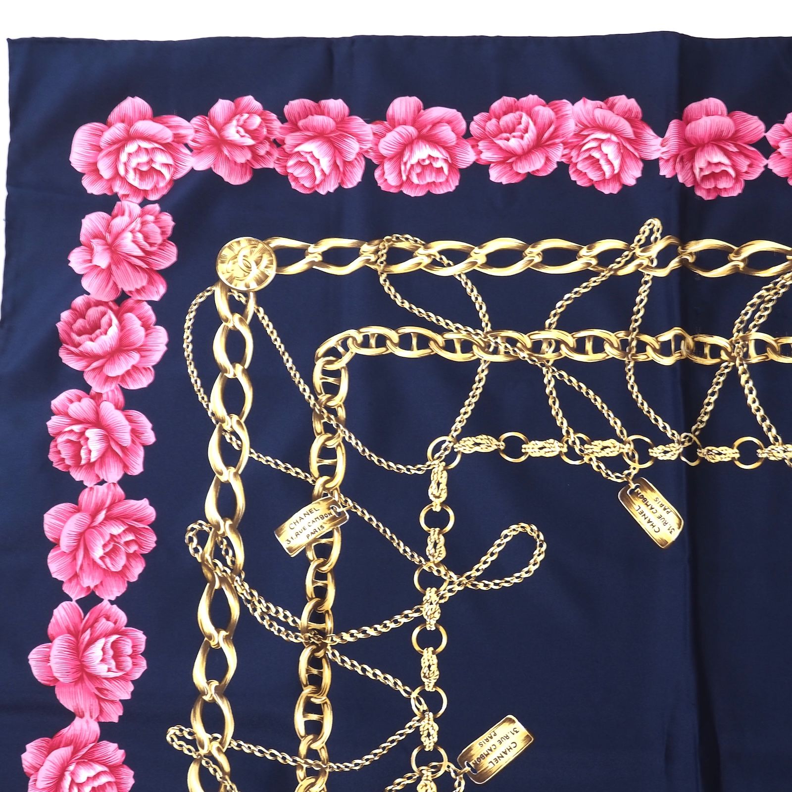 シャネル CHANEL シルク チェーン 花柄 大判 スカーフ ネイビー レディース 5-SI004