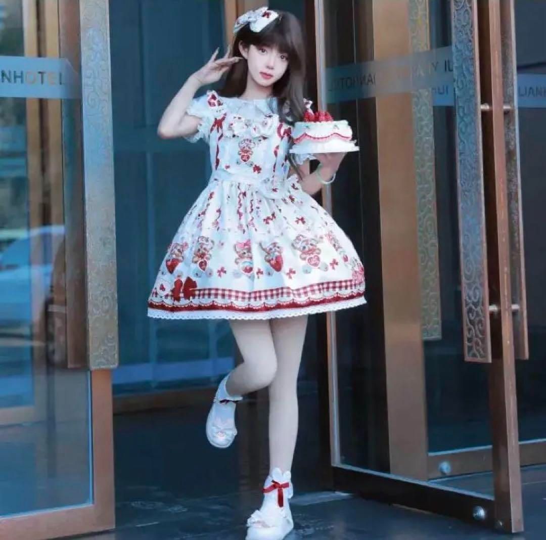 ♥ 甘ロリ クマちゃん柄が可愛い ロリータジャンパースカート お出かけや女子会に