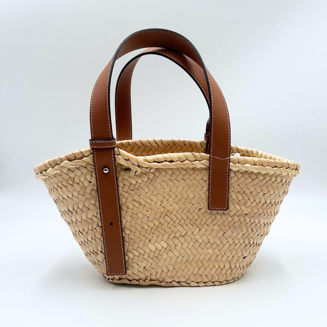LOEWE ストロー レザーハンドバッグ 美品】Loewe ラフィア スモール バスケットバッグ ストロー